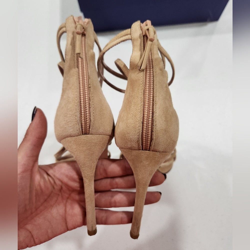 Stuart Weitzman Myex Bisque Suede Tan Strappy Heels Sandals Vanessa Hudgens View 5